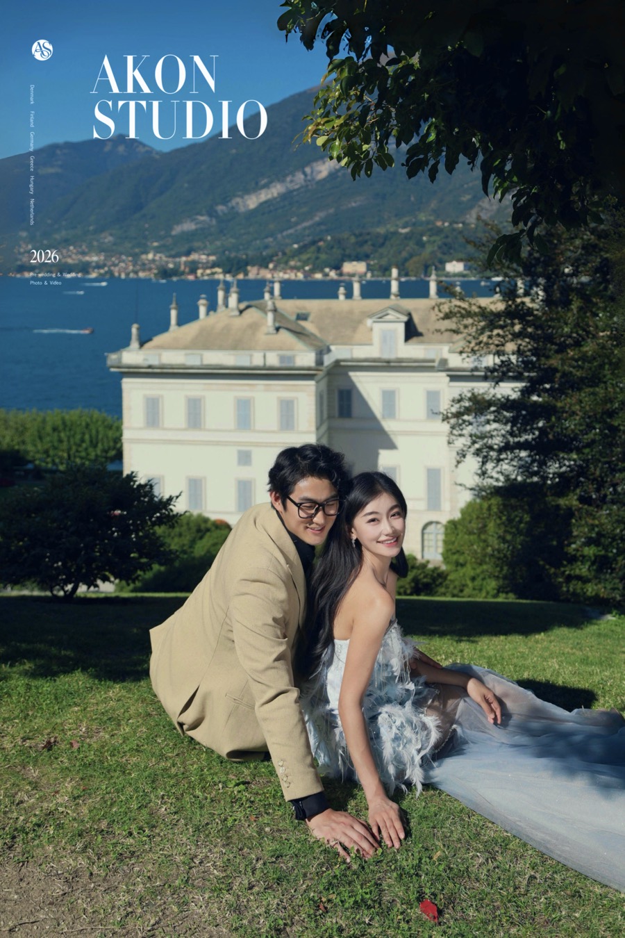 Couple in a historic villa garden facing Lake Como
